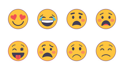 Fototapeta premium Emotional Array: A spectrum of emojis, each vividly expressing a unique emotion, from love and laughter to sadness and worry, a visual shorthand for human feeling.