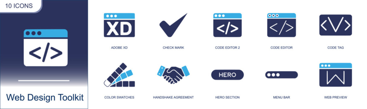 Web design toolkit icon set. Containing Adobe XD, check mark, code editor, code tag, color swatches, handshake, hero section, menu bar, web preview and more. Solid fill vector icons.