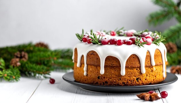 Festive fruitcake adorned with icing, berries, and rosemary
