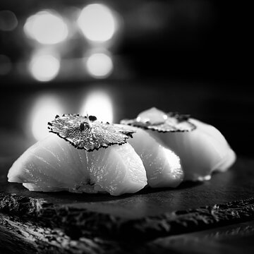 Gourmet truffle yellowtail sushi nigiri on dark slate board