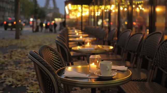 Evening at a cafe near the Eiffel Tower with tables set and soft lights glowing in Paris
