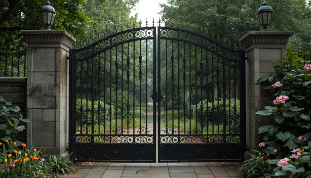 Ornate Wrought Iron Garden Gate in Lush Park, Generative AI