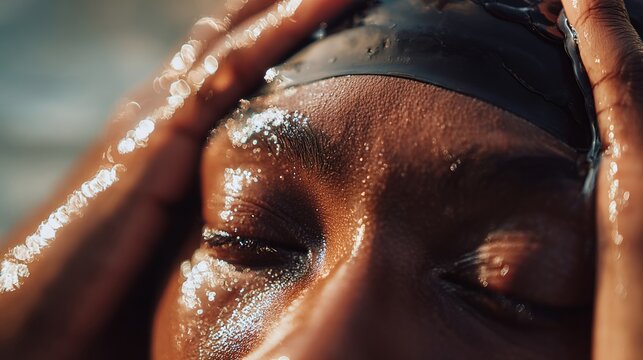 Tranquil reflection in water with stretched silicone swim cap. Minimal sensory abstraction of texture and surface, where density and depth become tangible through haptic perception.