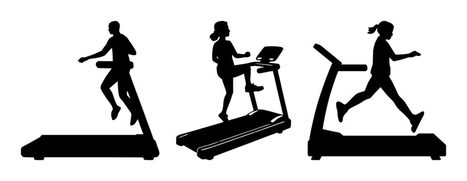 Cardio treadmill icon set with compact solid black silhouette on white background featuring fitness equipment, exercise, machine with minimalist design and wellness