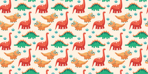 Playful Dinosaur Kingdom Pattern with Brachiosaurus Stegosaurus and Triceratops for Kids Nursery and Prehistoric Baby Textile Design © Deepak