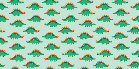 Minimalist Green Stegosaurus Dinosaur seamless Pattern on Mint Background for Childrens Nursery and Modern Baby Apparel Textile Design © Deepak