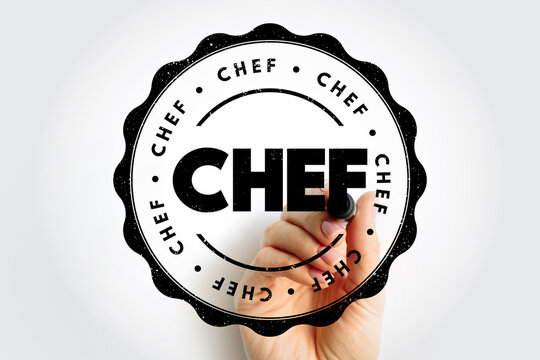 CHEF stamp design with emblem featuring repeated CHEF text around bold central title. Concept of culinary label, branding or certification with human touch