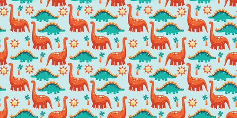 Cute Cartoon Dinosaur Pattern with Brachiosaurus and Stegosaurus on Light Blue Background for Kids Nursery and Baby Textile Design © Deepak