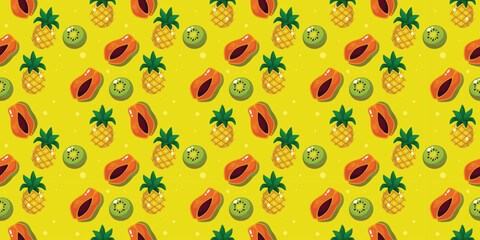 Exotic Tropical Fruit Medley Seamless Pattern with Pineapple Papaya and Kiwi on Yellow Background for Summer Kitchenware and Healthy Lifestyle Design © Deepak