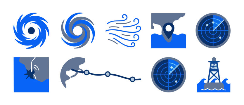Hurricane weather icons set, cyclone and storm tracking symbols, radar map markers and wind signs for meteorological climate forecast, vector illustration of natural disaster warning graphics isolated