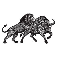 Fototapeta premium Ornate Tribal Lion and Buffalo Fight Illustration for Majestic T-shirt and Hoodie Art