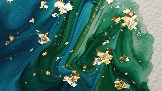 Teal and green abstract paint swirl with gold leaf flakes