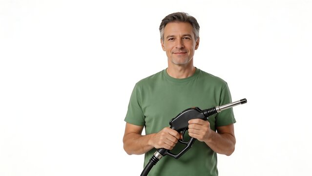 Man holding fuel nozzle against white background