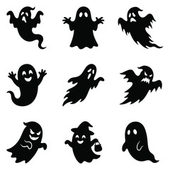 Fototapeta premium Set of 9 Halloween Ghost Silhouettes - Vector Icons for Spooky Design
