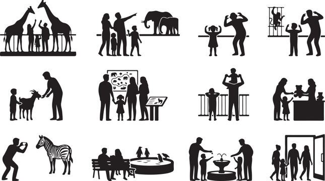 Family Zoo Visit Silhouette Set with Parents and Kids Watching Animals, Giraffe, Elephant, Zebra, Wildlife Park, Lifestyle People Vector Collection