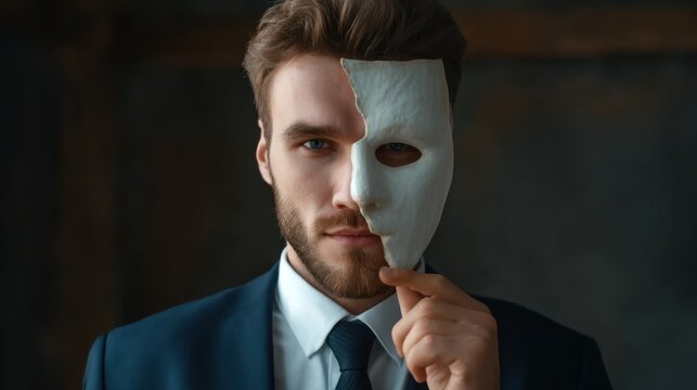 Close-up of a man in a suit holding a mask before his face, symbolizing duality and identity, showcasing intricate details and expressive emotion in a dramatic atmosphere.