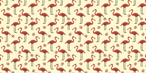 Seamless Pink Flamingo Pattern with Small Tropical Flowers on Cream Background for Summer Fashion and Coastal Nursery Decor © Deepak