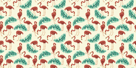 Seamless Pink Flamingo Pattern with Tropical Palm Leaves on Cream Background for Summer Fashion and Coastal Textile Design © Deepak