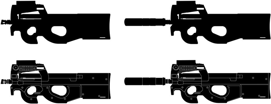 Vector pack of P90 firearm silhouettes with and without suppressor