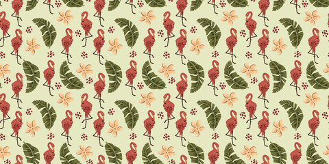 Seamless Tropical Flamingo Pattern with Banana Leaves and Starfish on Cream Background for Summer Fashion and Coastal Decor © Deepak