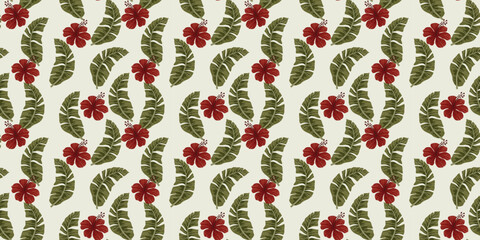 Seamless Tropical Floral Pattern with Red Hibiscus and Banana Leaves on Off-White Background for Summer Textile and Fashion Design © Deepak