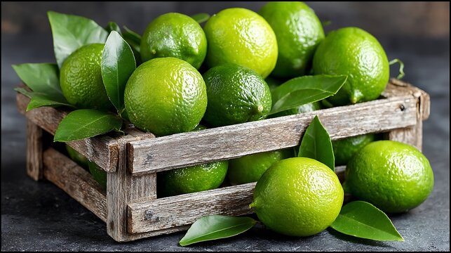 Fresh green limes arranged in rustic wooden crate with vibrant leaves on dark textured surface showcasing organic citrus produce for culinary preparation and healthy lifestyle kitchen concepts
