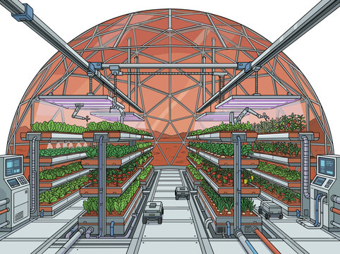 Futuristic greenhouse interior on mars with growing plants and robotic systems concept of space agriculture