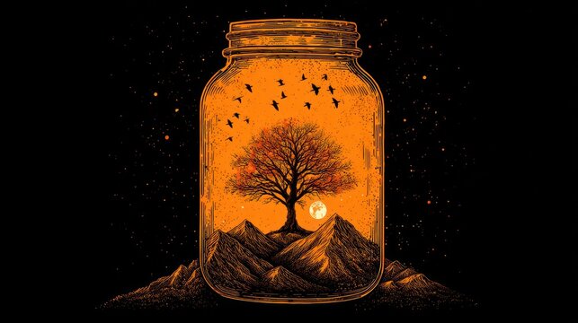 Autumnal tree in a jar silhouette with birds full moon and mountainscape