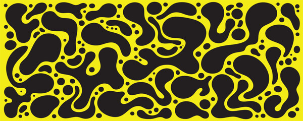 Obraz premium Abstract background with organic black liquid shapes on a bright yellow backdrop. Modern fluid design pattern for creative projects, posters, and wallpapers.
