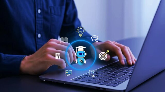 AI E-Learning Assistant on Laptop Online education technology, intelligent tutoring system, personalized learning, digital training and knowledge management concept.