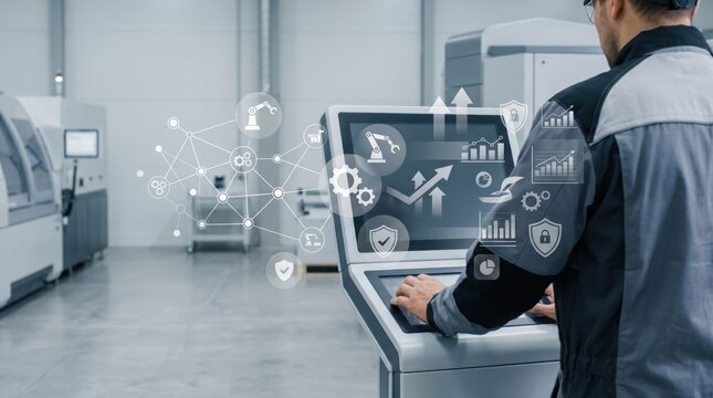 Industrial worker operating smart factory control panel, Industry 4.0 concept, manufacturing automation technology with digital interface and data analytics icons in modern