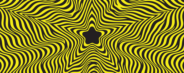 Fototapeta premium A seamless abstract background featuring a hypnotic pattern of wavy yellow and black lines radiating from a central star shape, creating a dynamic optical illusion.