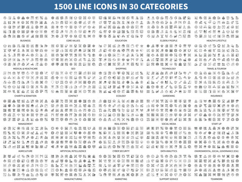 Mega set of vector thin line icons. Contains such icon collection as social media, education, technology, artificial intelligence, security, analytics, healthy lifestyle. Linear pictogram pack