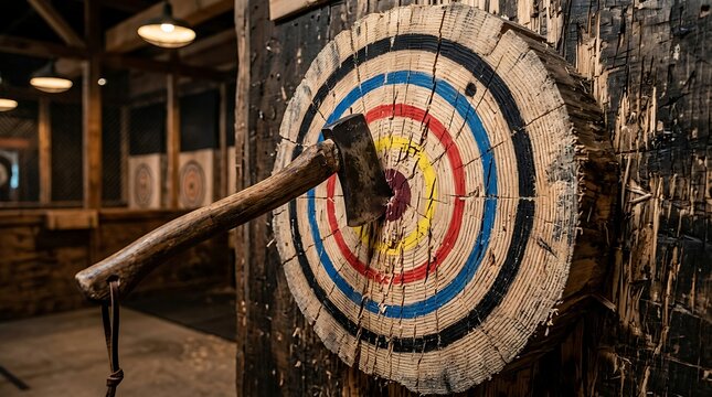 Axe stuck in a wooden bullseye target, axe throwing recreational activity