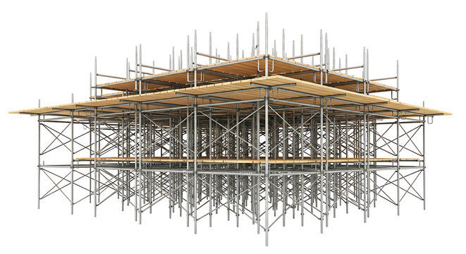 Construction scaffolding surrounding partially built wooden roof structure