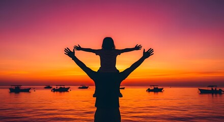 Fototapeta premium Heartwarming fathers day silhouette father and child enjoying a sunset together