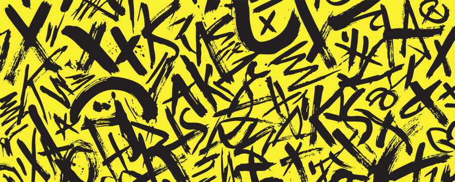 Seamless pattern with black grunge brush strokes and abstract marks on yellow