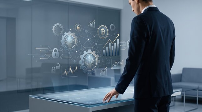 Businessman using futuristic hologram interface with gears, charts, and crypto icons in modern office for financial analysis