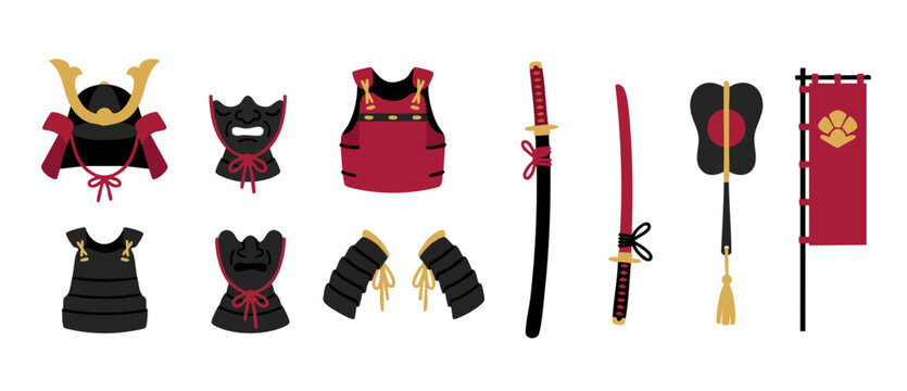 Samurai Armor Set Icons Vector, Japanese Warrior Equipment Collection, Katana Sword, Kabuto Helmet, Menpo Mask, Traditional Feudal Japan Military Gear, Red and Black Graphic Illustration Design Elemen