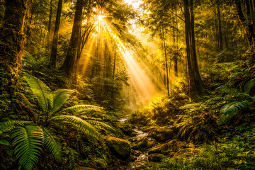 Naklejka premium Golden sunbeams filter through dense green forest foliage illuminating a lush jungle stream