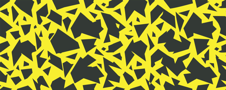 Seamless pattern featuring an abstract geometric design with sharp, jagged dark grey shards scattered across a vibrant yellow background.