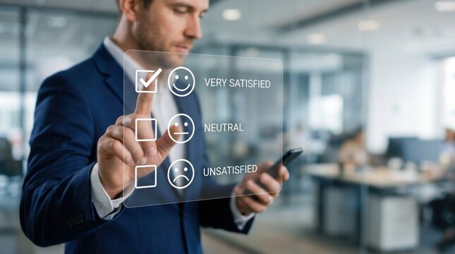 Businessman selecting very satisfied option on transparent digital customer feedback survey screen with smiley face icons.