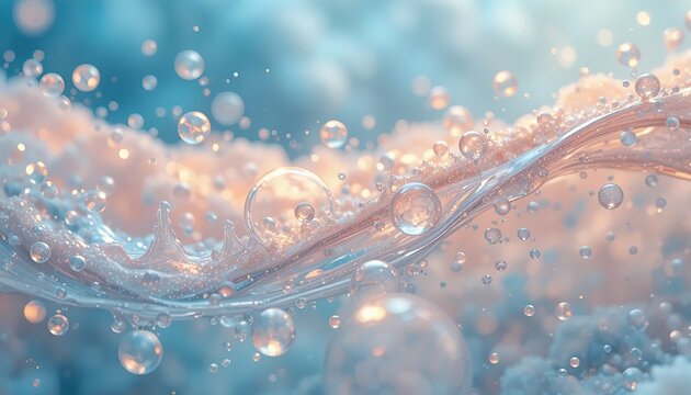 Suspended water droplets and bubbles shimmer in pastel cloudscape ethereal composition symbolizing fluid motion transparency and dreamlike beauty of nature abstract surreal atmospheric soft fantasy