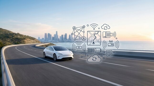 White autonomous electric car driving on coastal highway with connected vehicle technology and navigation data visualization.