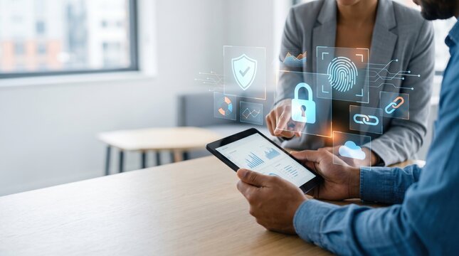 Two business people analyzing data on tablet with floating cybersecurity icons, blockchain, biometric authentication, shield protection, privacy and secure cloud storage concept