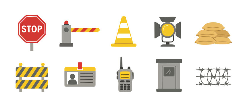 Security checkpoint icons set, safety and protection equipment symbols, border control vector elements, traffic signs, barrier, sandbags, walkie talkie, barbed wire, and surveillance guard house desig