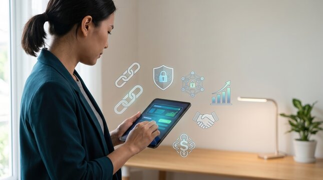 Woman using tablet with blockchain chain links, smart contract shield and cryptocurrency symbols, depicting decentralized finance, secure transactions and digital asset management