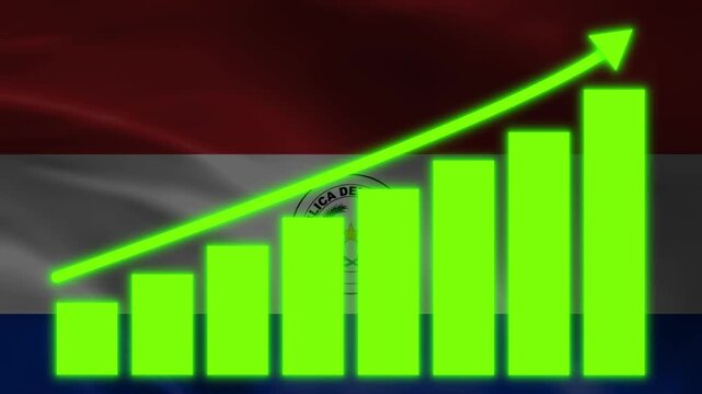 Paraguayan Economic Growth: An upward trending chart symbolizing economic expansion, set against the backdrop of the Paraguayan flag, representing progress and prosperity.