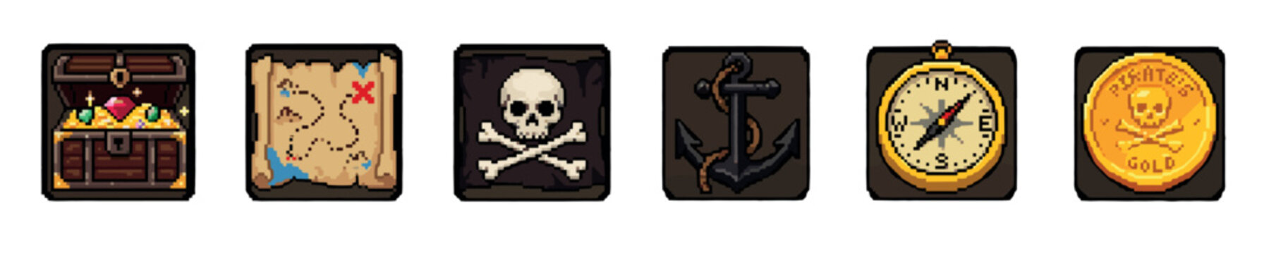 Pixel art pirate game asset icon set with a treasure chest, map, skull, anchor, compass, and gold doubloon, designed in a classic retro 8-bit video game style
