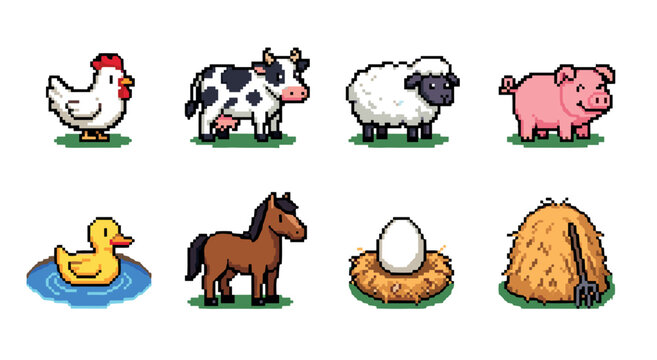 Set of pixel art farm animals and items including a chicken, cow, sheep, pig, duck, horse, egg, and haystack in a retro 8-bit video game style for digital assets